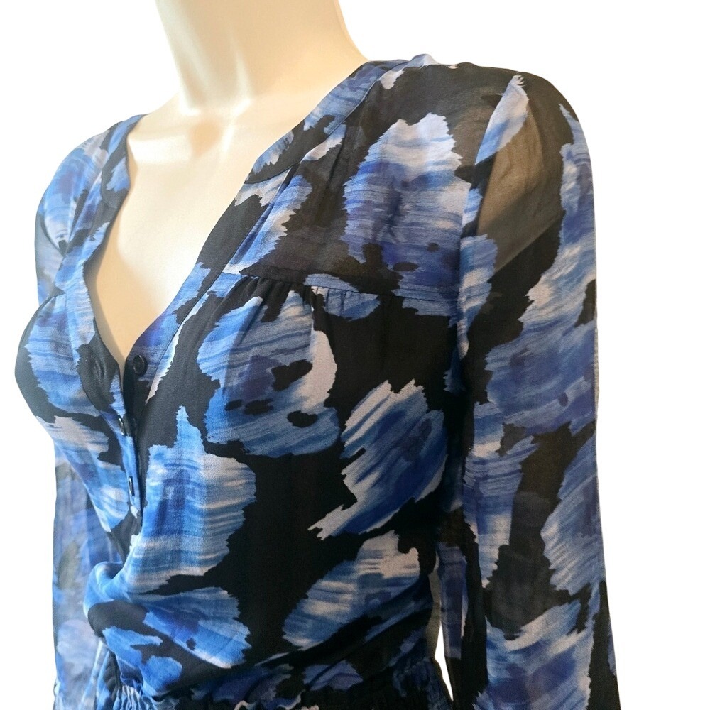 Parker New York Atticus Silk Mini Dress Blue Black Abstract Floral Smocked S New - Picture 3 of 8